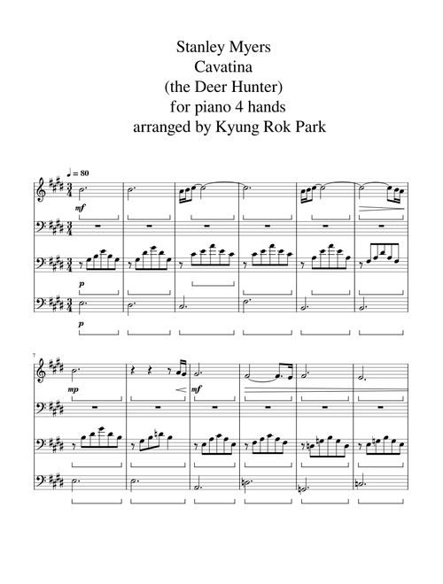 Cavatina (the Deer Hunter) for piano 4 hands