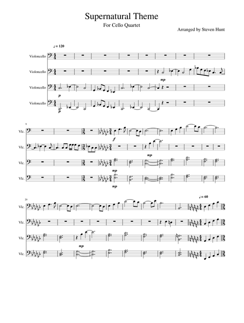 Supernatural Theme for Cello Quartet
