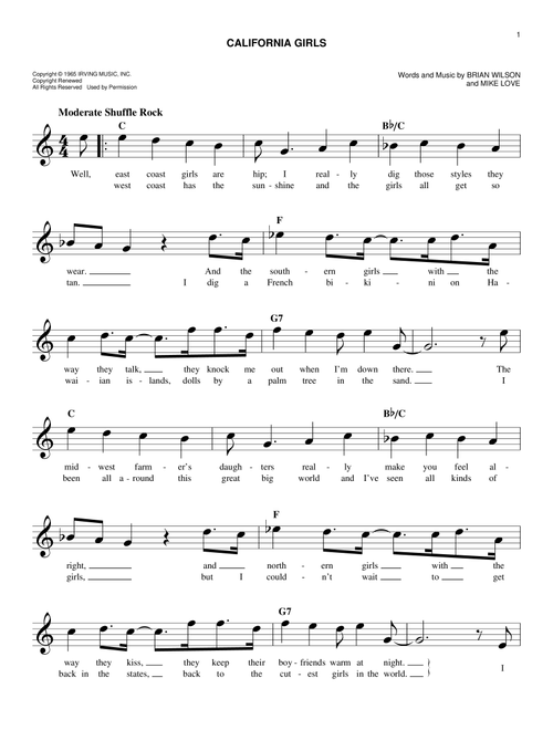 California Girls - The Beach Boys, David Lee Roth (Easy Lead Sheet - Fake Book)