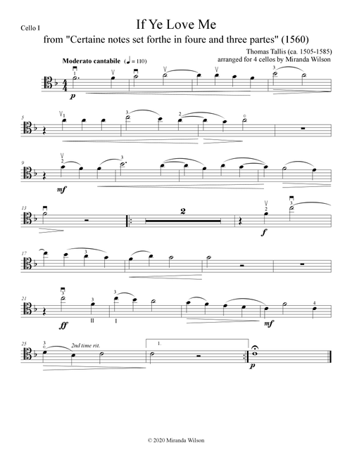 Thomas Tallis, If Ye Love Me for 4 Cellos (Arr. Miranda Wilson) (String Quartet)