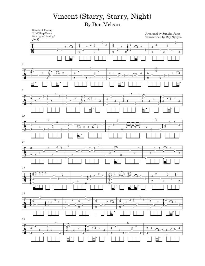 Vincent (Starry, Starry, Night) - Don McLean - Sungha Jung Sheet Music and  Tab for Guitar (Solo) | MuseScore.com, image size:850x1100