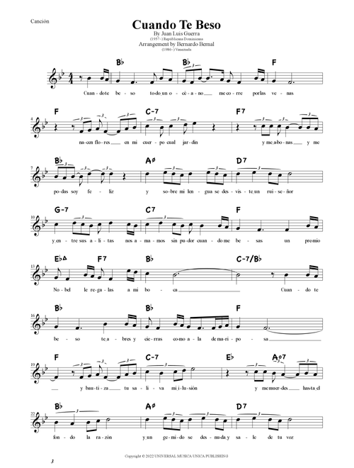 Cuando Te Beso (Arr. Bernardo Bernal Hidalgo) - Juan Luis Guerra (Lead Sheet - Fake Book)