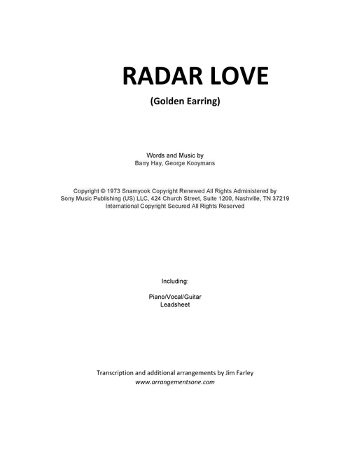 Radar Love (Arr. Jim Farley) - Golden Earring (Piano-Vocal-Guitar (Piano Accompaniment))