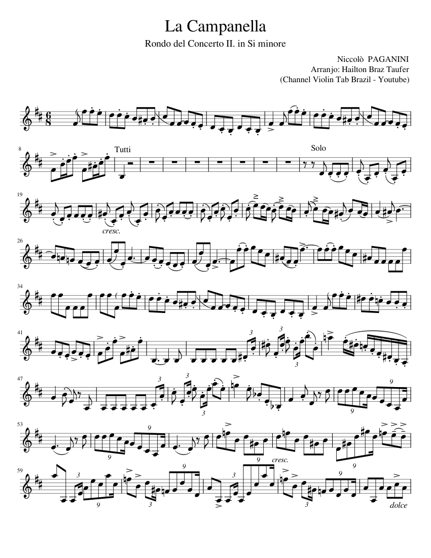 La Campanella (Channel Violin Tab Brazil - Youtube) Sheet Music