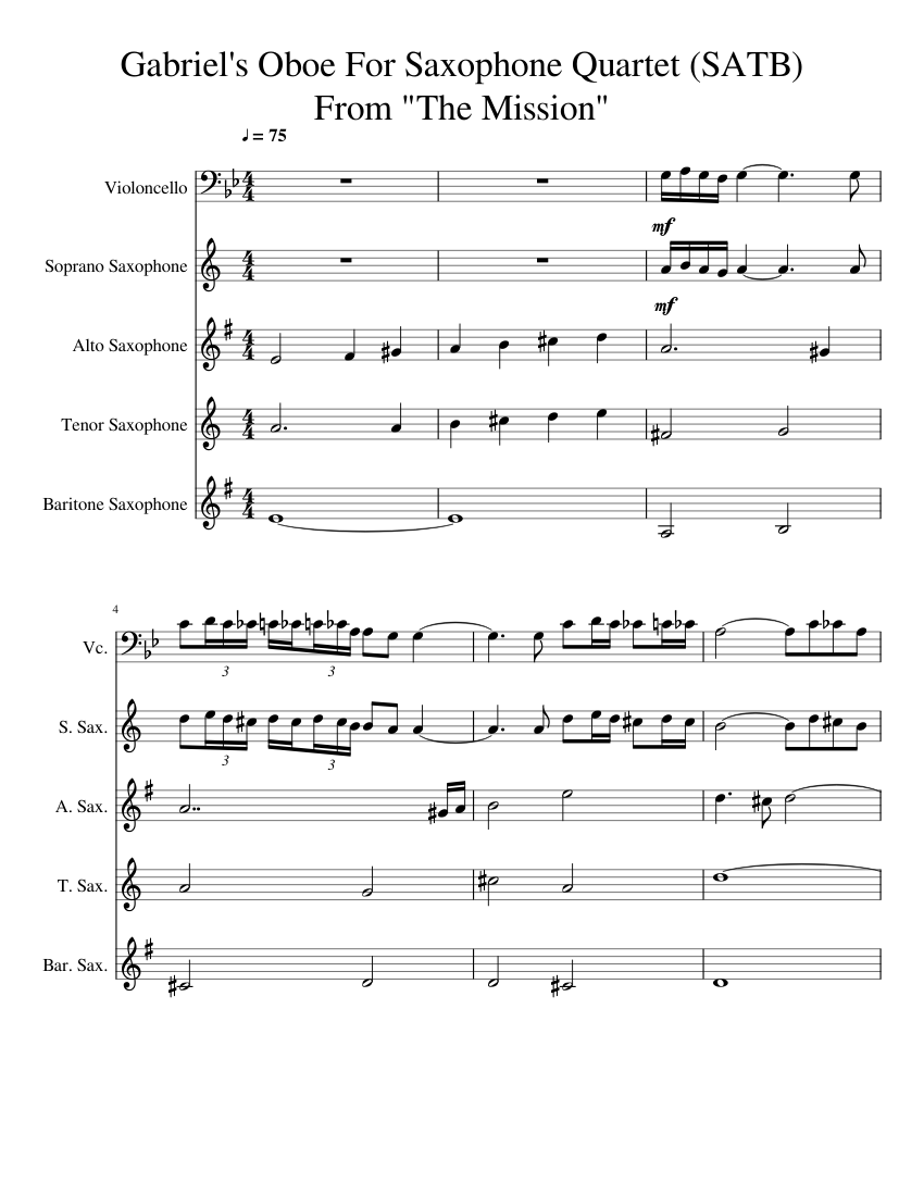 Saxoboe Gabriel's Oboe For Sax Quartet Sheet Music for Saxophone alto ...