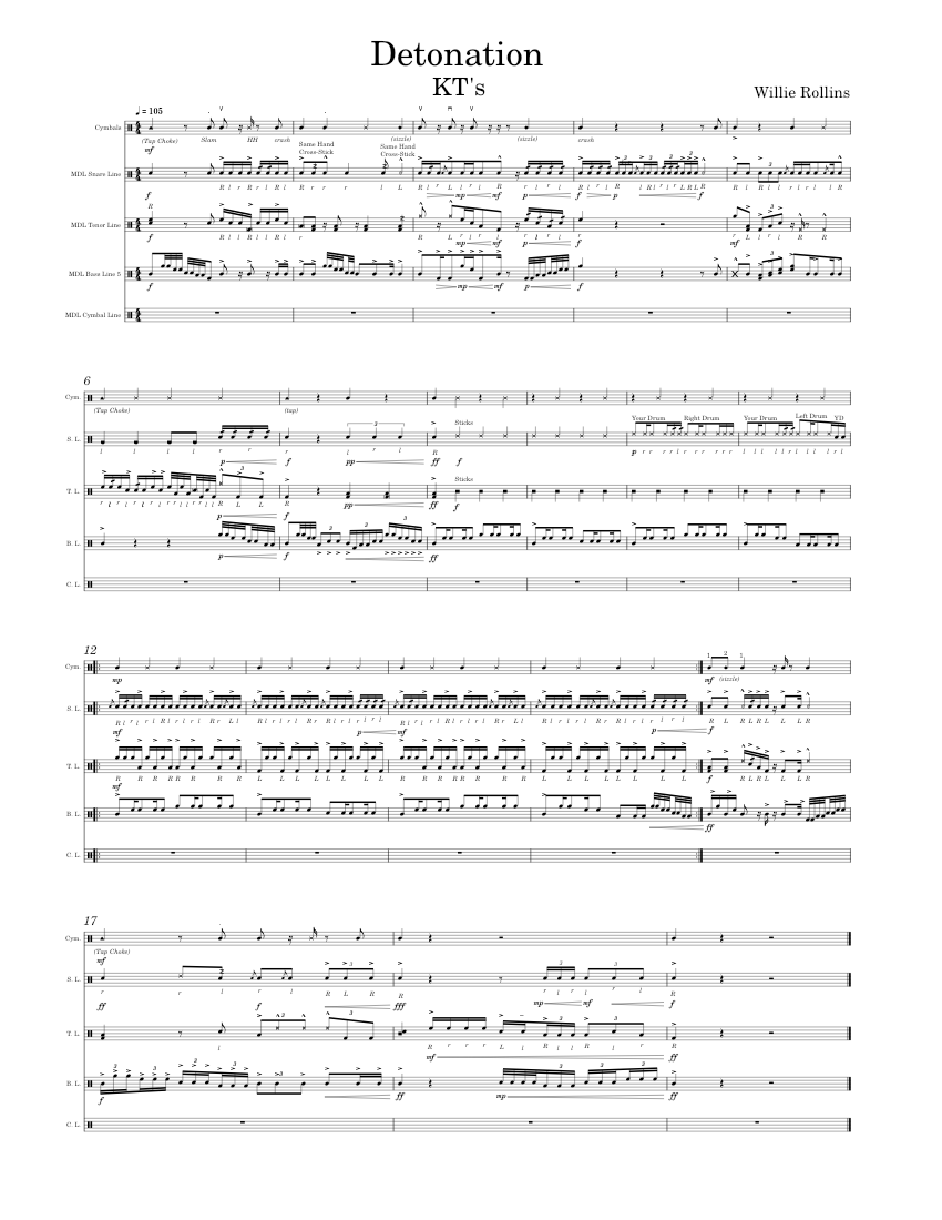 Detonation Sheet music for Snare drum, Crash, Tenor drum, Bass drum (Percussion Ensemble