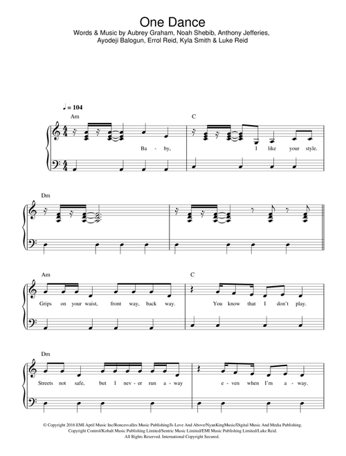 One Dance (featuring Wizkid and Kyla) - Drake (Easy Piano)