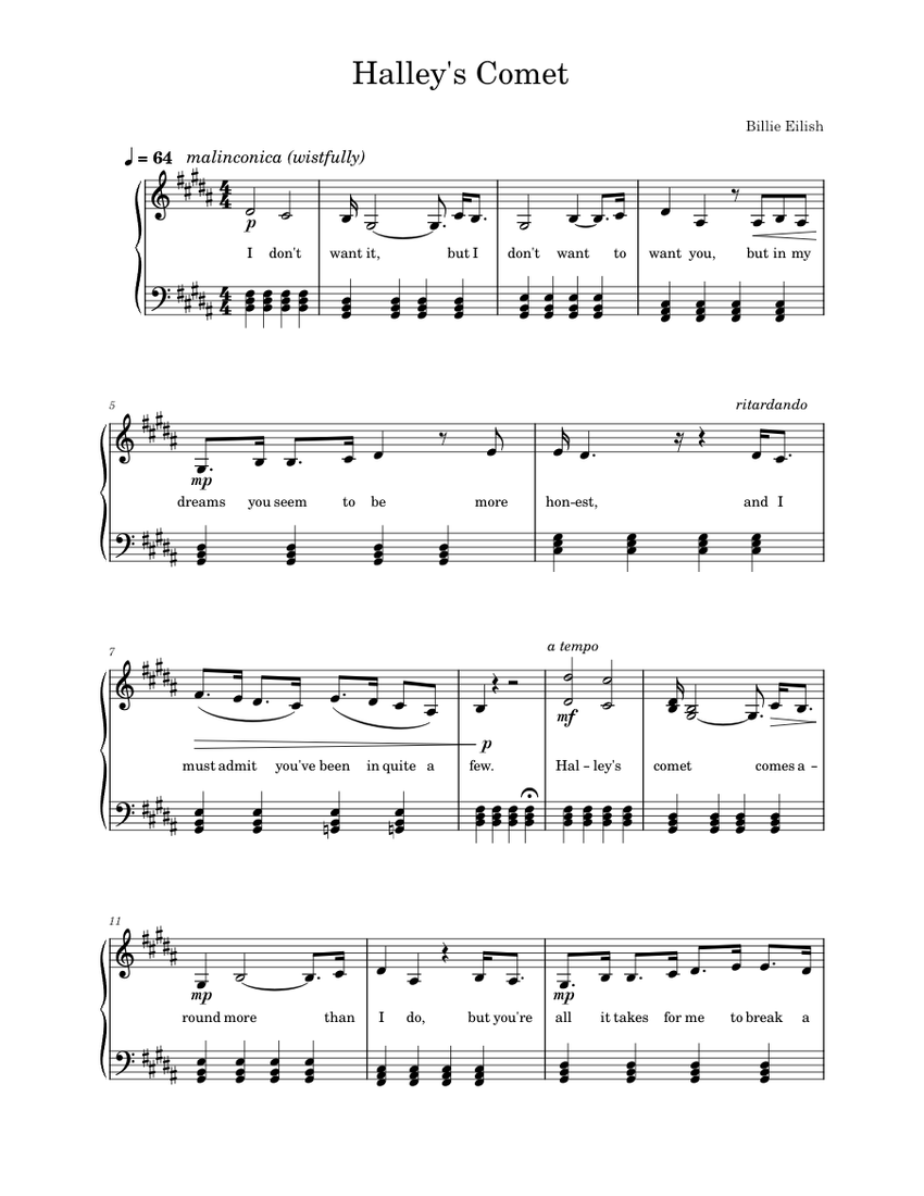 Halley s comet billie eilish sheet music for piano solo easy
