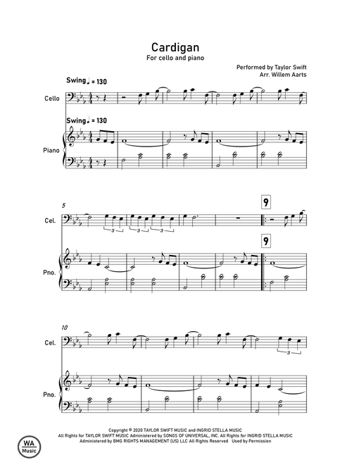 Cardigan (Arr. Willem Aarts) - Taylor Swift (Cello and Piano)