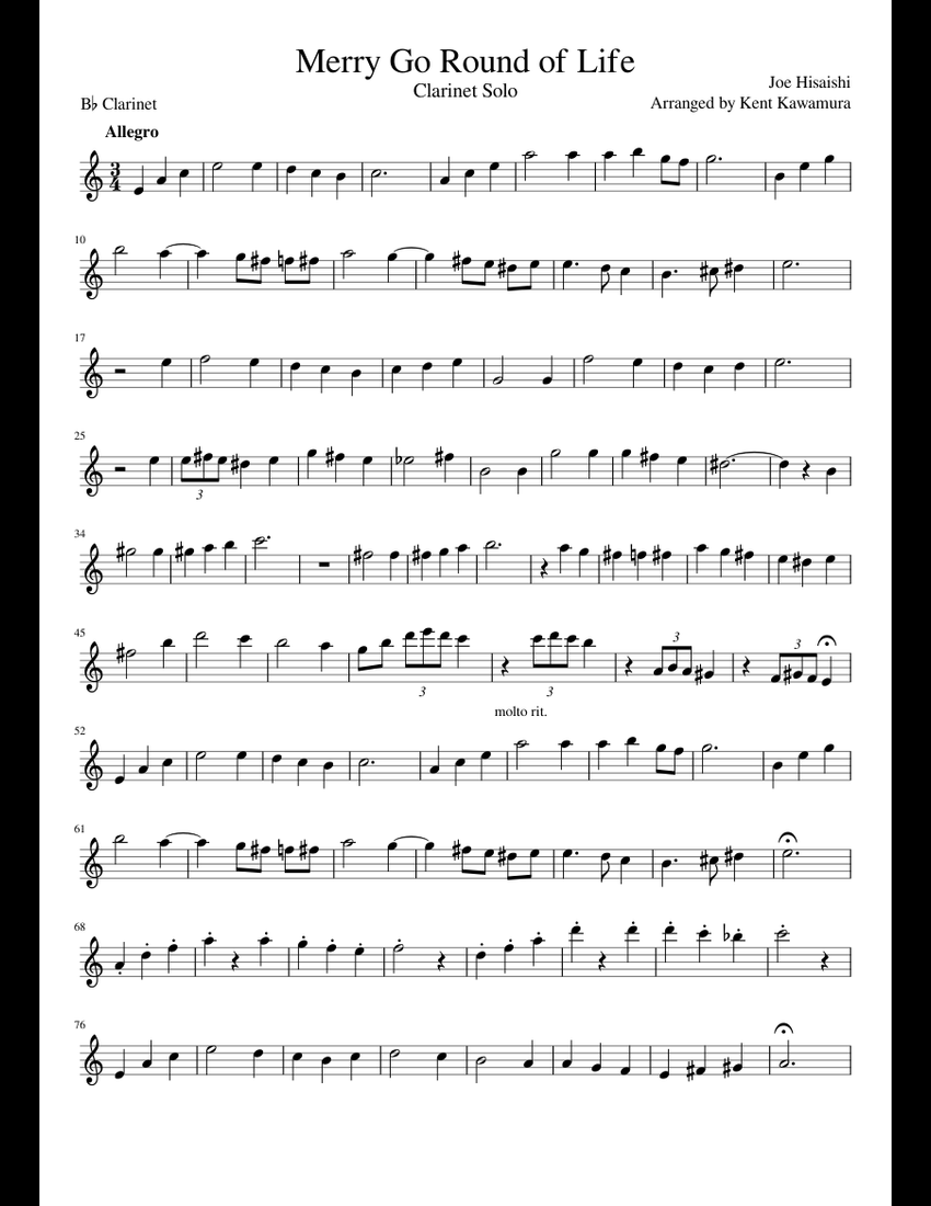 Merry Go Round Of Life Clarinet Solo Sheet Music For Clarinet In B-flat ...