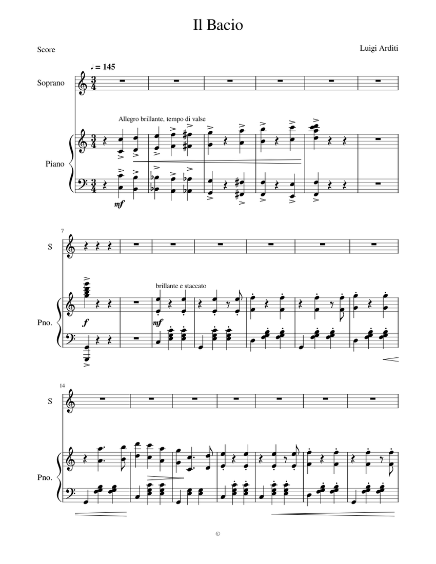 Il Bacio Sheet Music for Piano, Soprano (Piano-Voice) | MuseScore.com