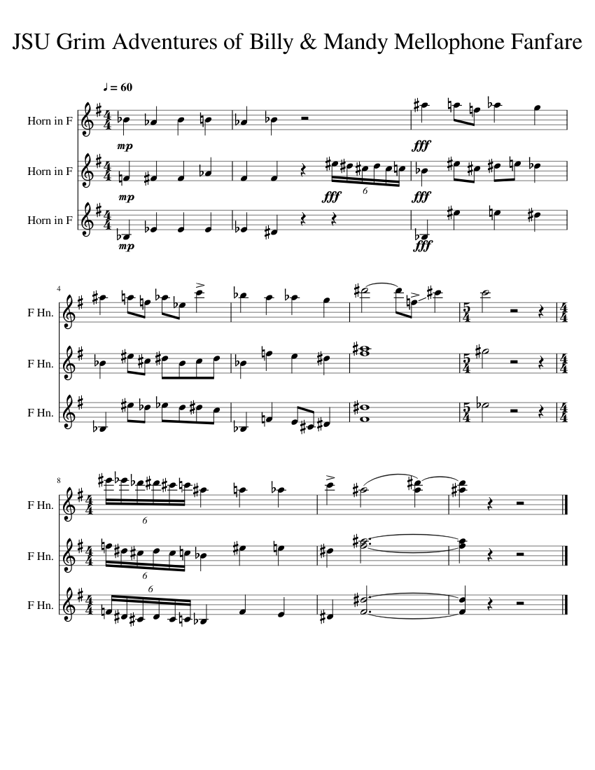 JSU Grim Adventures of Billy Mandy Mellophone Fanfare Sheet music for French horn (Brass Trio