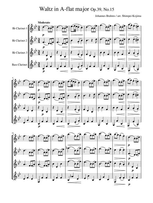Brahms : Waltz op.39, No.15 (for Clarinet Quartet) (Arr. Shimpei Kojima) - Johannes Brahms (Woodwind Ensemble)