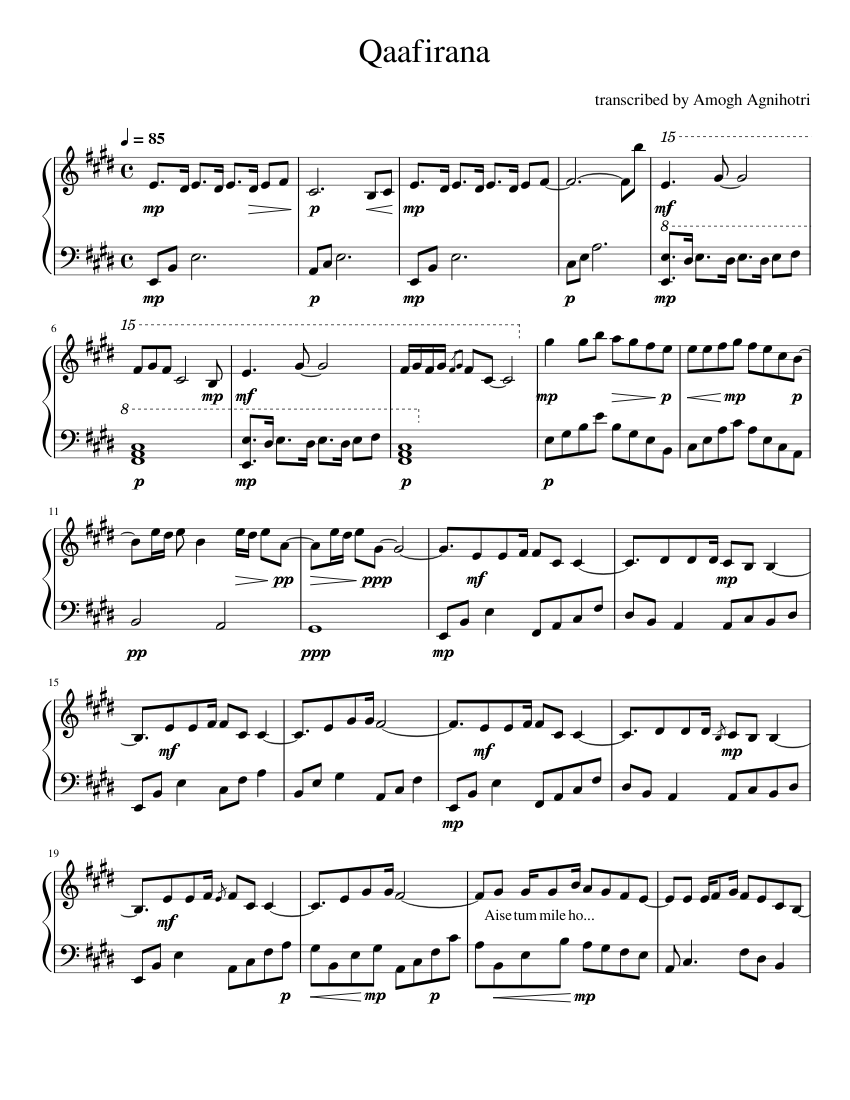 Qaafirana Sheet music for Piano (Solo)
