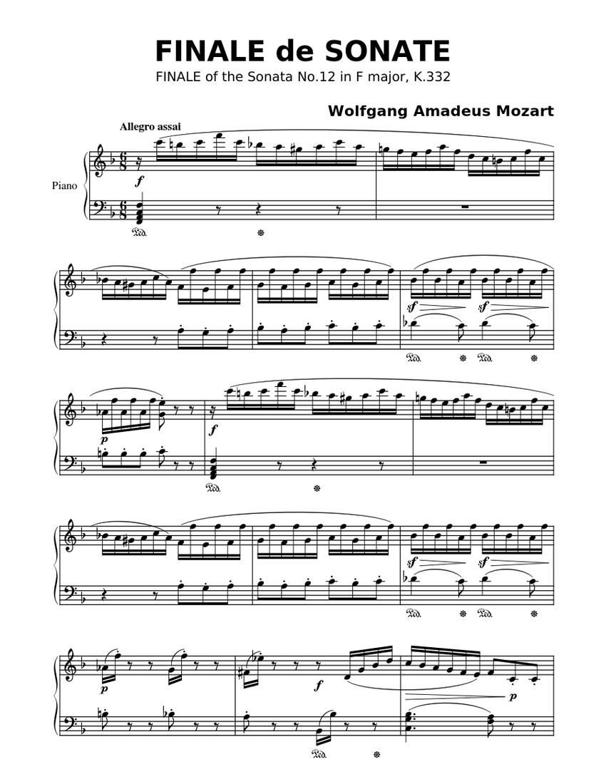 FINALE de SONATE Wolfgang Amadeus Mozart Sheet music for Piano (Solo