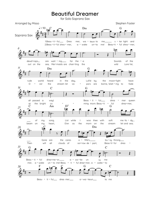 Beautiful Dreamer - Solo Soprano Sax in C Major Easy - Lyrics & Chords (Version Tom Roush) (Arr. Misso) (Soprano Sax Solo)