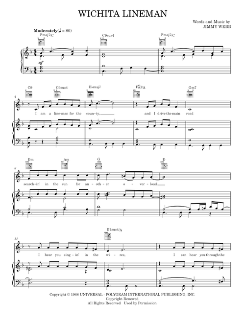 Wichita Lineman - Glen Campbell, Jimmy Webb, Johnny Cash (Piano-Vocal-Guitar)