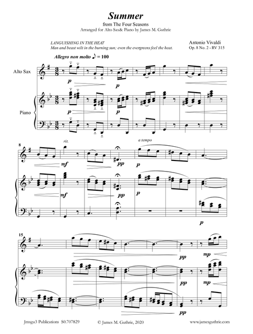 Vivaldi: Summer from the Four Seasons for Alto Sax & Piano (Arr. James M. Guthrie, ASCAP) (Alto Sax and Piano)