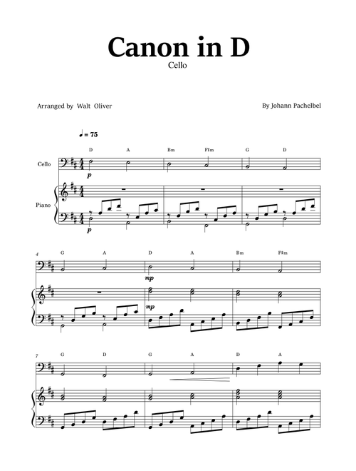 Canon in D - Cello and Piano - Easy - Johann Pachelbel (with chords) (Arr. Walt Oliver) (Cello and Piano)
