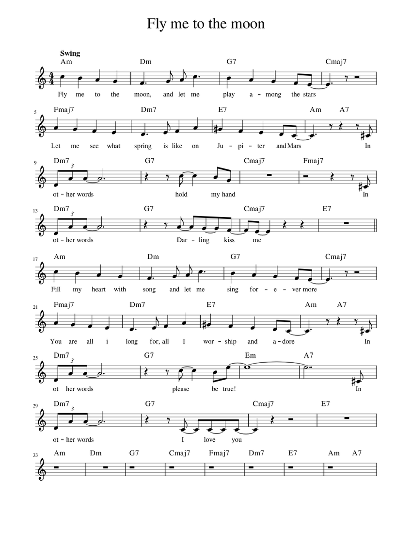 Fly me to the moon Sheet Music with Chords for Piano (Solo) easy