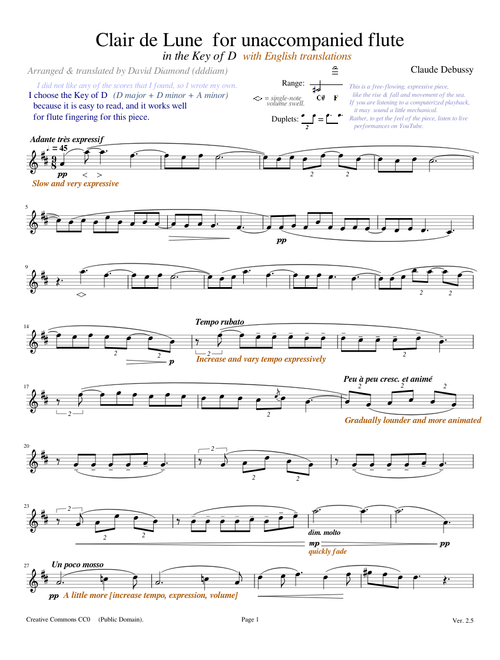 Clair de Lune  for unaccompanied flute (Key of D)