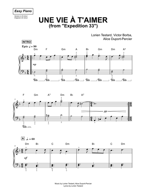 Une vie à t'aimer (from Expedition 33) - Lorien Testard (Easy Piano)