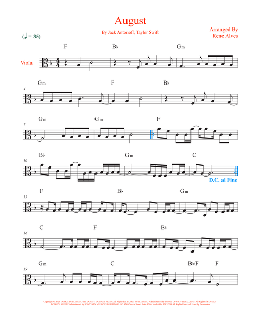 August (Arr. Rene Alves) - Taylor Swift (Viola Solo)