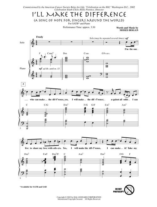 I'll Make The Difference (A Song Of Hope For Singers Around The World) - Moses Hogan (Choral, SATB)