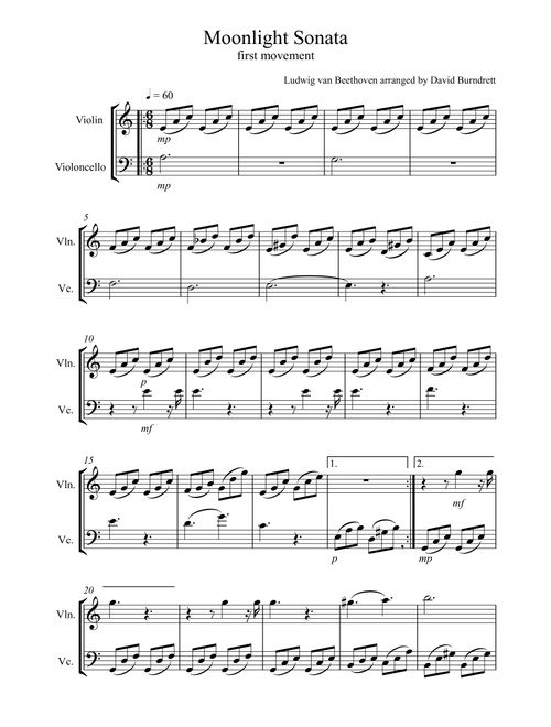 Moonlight Sonata (1st movement) for Violin and Cello Duet (Arr. David Burndrett) - Ludwig Van Beethoven (Instrumental Duet)