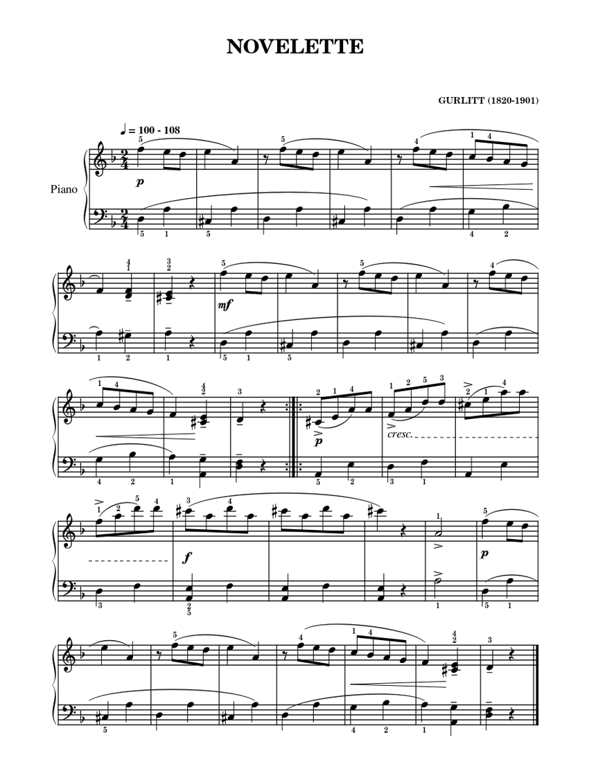 NOVELETTE – Gustav Cornelius Gurlitt Sheet Music for Piano (Solo) easy ...