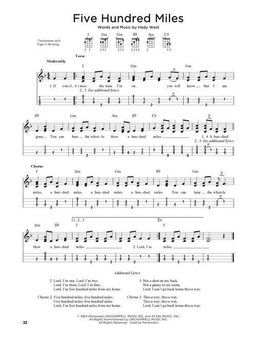 Five Hundred Miles (arr. Jim Schustedt) - Peter Paul & Mary (Ukulele)