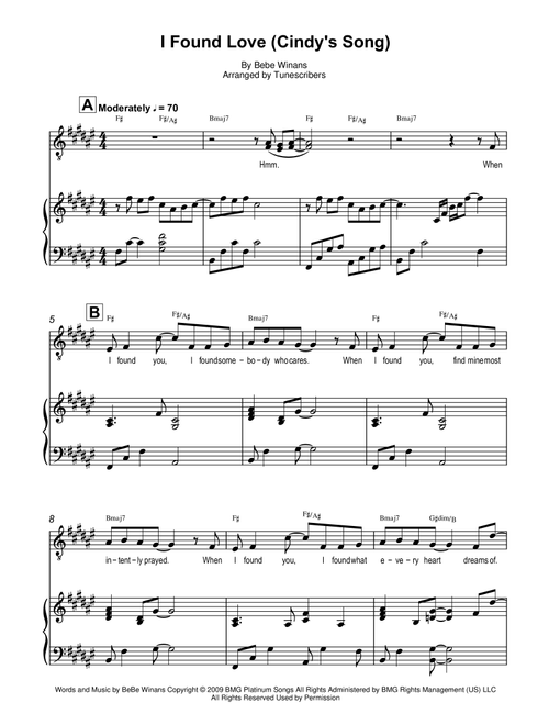I Found Love (Cindy's Song) (Arr. Tunescribers) - BeBe Winans (Piano Vocal)