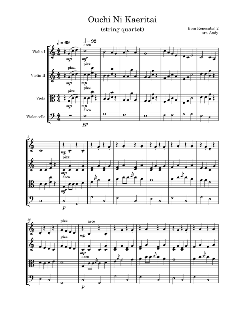 Ouchi Ni Kaeritai – Konosuba (arr. for String Quartet) Sheet Music for ...