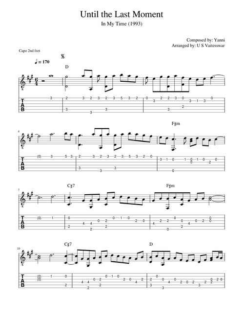 Until The Last Moment – Yanni (Fingerstyle Guitar - Intermediate Level)