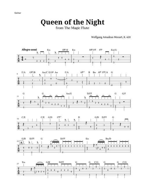 Queen of the Night by Mozart for Guitar TAB with Chords (Arr. Langanho) (Guitar Tab)