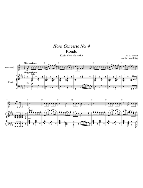 W. A. Mozart: Horn Concerto No. 4, Rondo, Kv 495.3 (piano reduction)