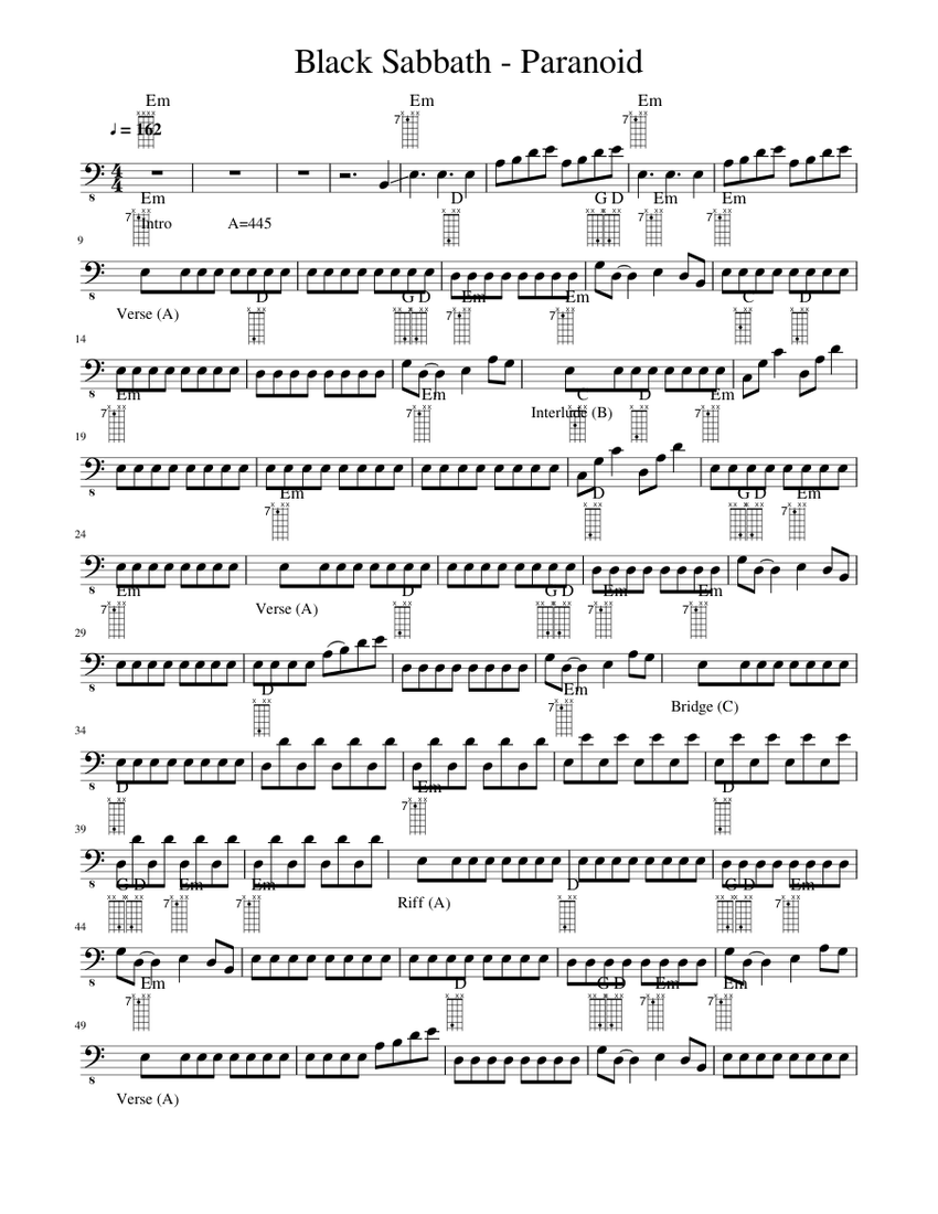 Paranoid - Black Sabbath Sheet Music with Chords for Bass guitar