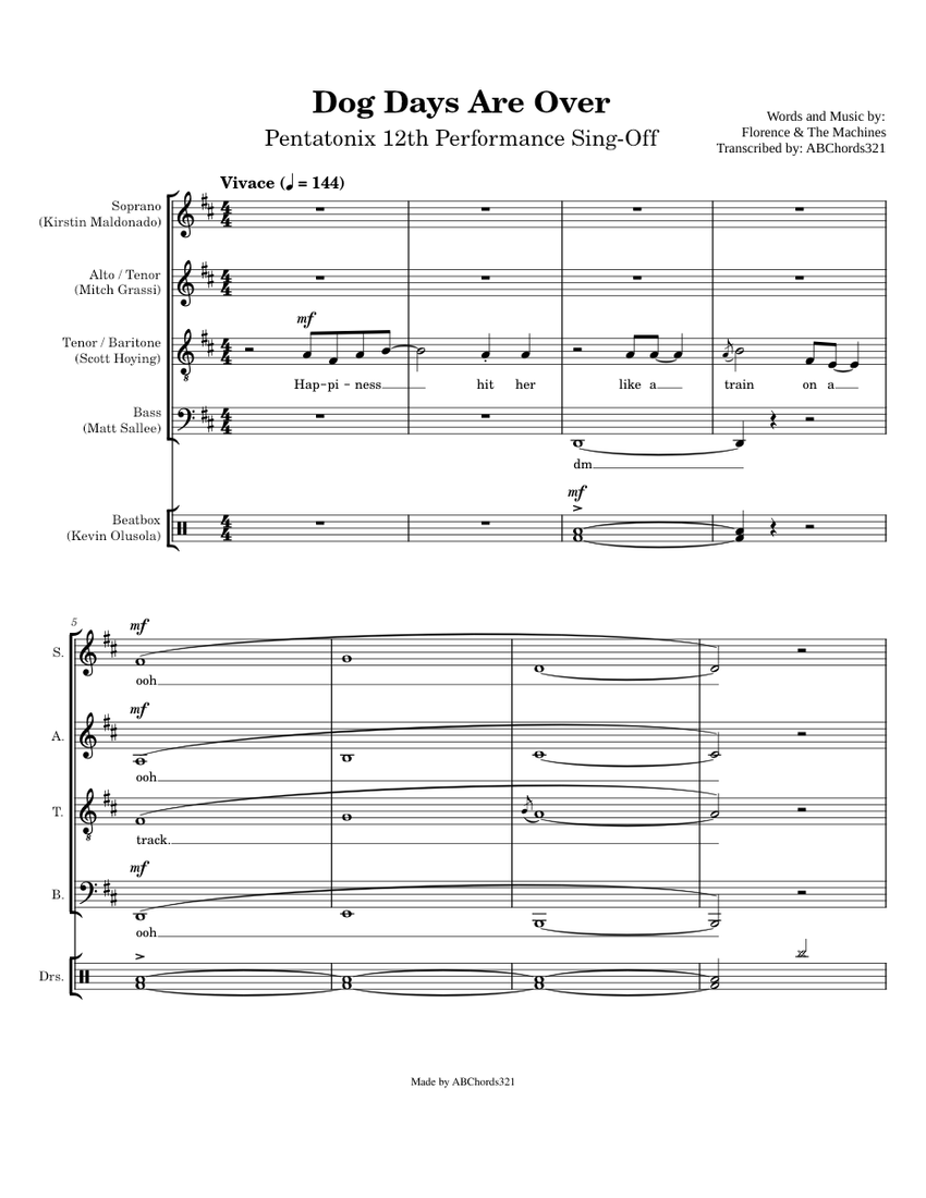 Dog Days Are Over Pentatonix 12th Performance Sing Off [Full Sheet