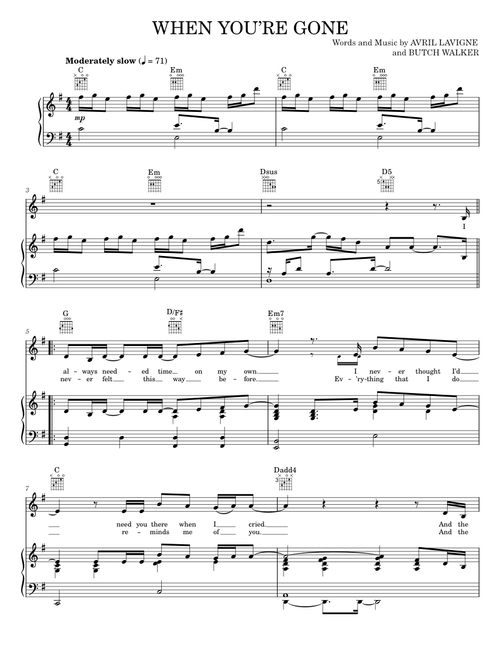 When You're Gone - Avril Lavigne (Piano-Vocal-Guitar)