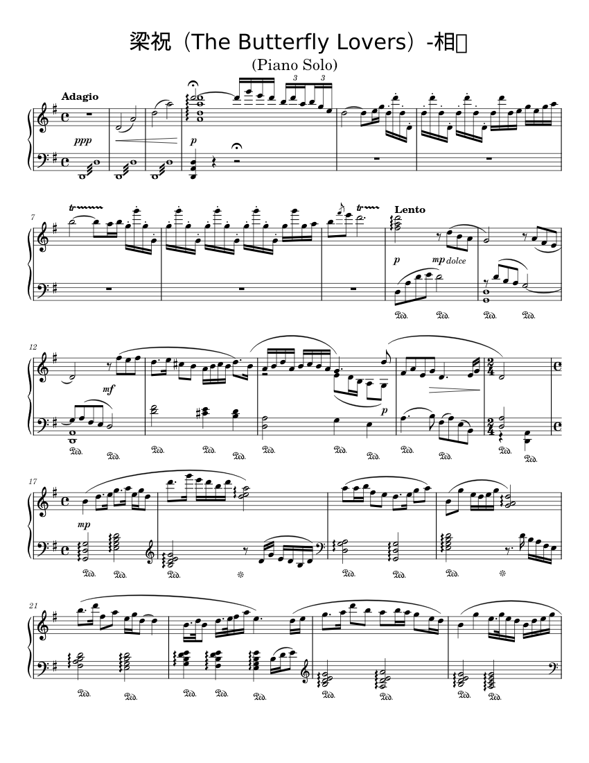 梁祝（The Butterfly Lovers）-Piano Solo Sheet Music for Piano