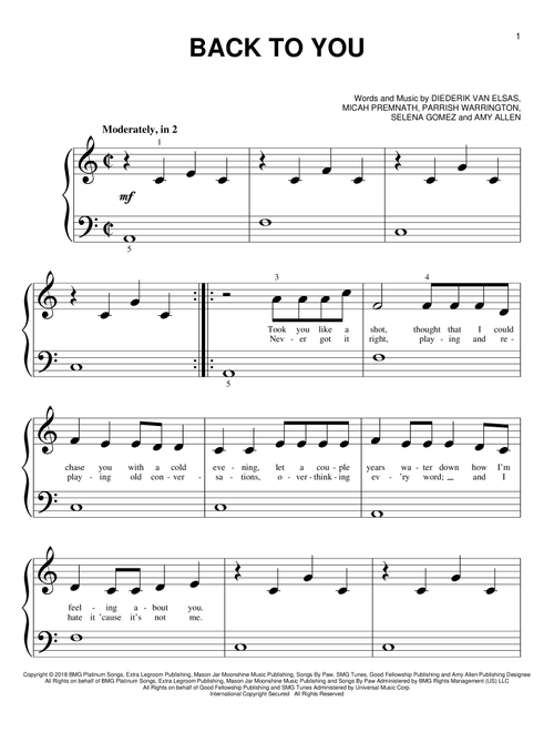 Back To You (from 13 Reasons Why) - Selena Gomez (Big Note Piano)