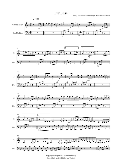 Fur Elise for Clarinet and Double Bass Duet (Arr. David Burndrett) - Ludwig van Beethoven (Instrumental Duet)