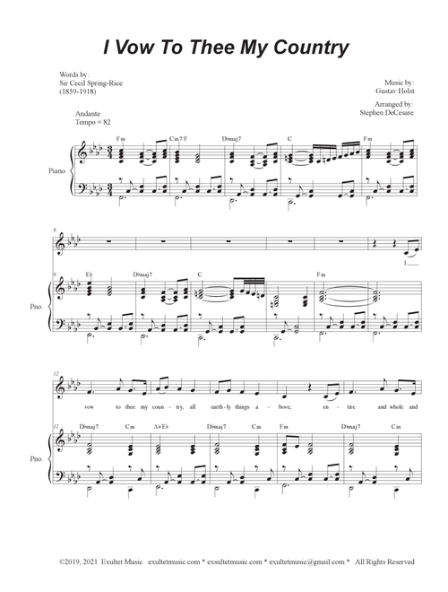 I Vow To Thee My Country (Vocal solo) (Arr. Stephen DeCesare) (Piano Vocal)