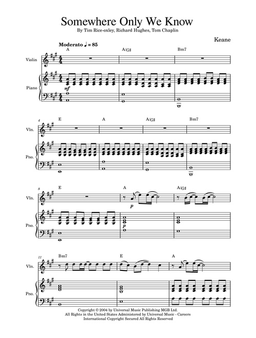 Somewhere Only We Know (Arr. Golden Skull Editions) - Keane (Violin and Piano)