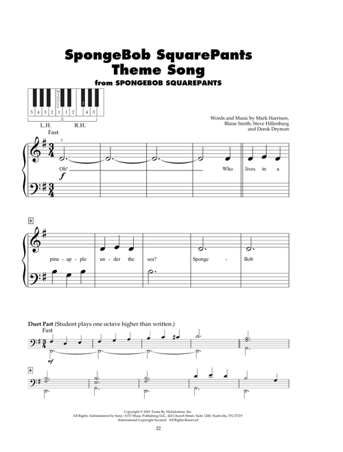 SpongeBob SquarePants Theme Song - Steve Hillenburg, Blaise Smith, Mark Harrison (5-Finger Piano)