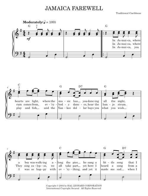 Jamaica Farewell - Traditional Caribbean (Easy Piano)