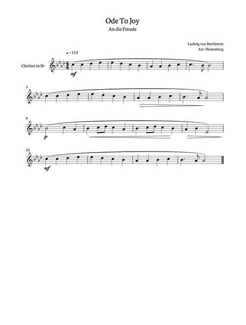 Beethoven - Ode to Joy for clarinet in Gb major. (Arr. Heisenberg) (Clarinet Solo)