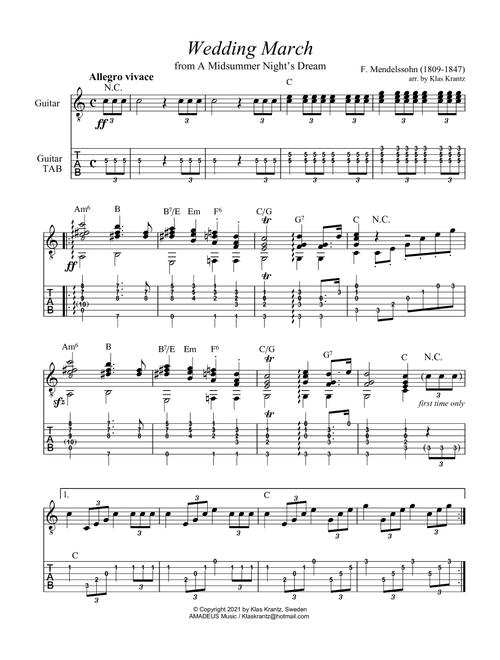 Wedding march for guitar solo (+TAB) (Arr. K. Krantz) - F Mendelssohn (Instrumental Solo)