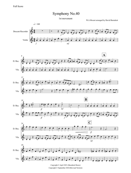 Symphony No.40 (1st movement) for Descant Recorder and Violin Duet (Arr. David Burndrett) - Wolfgang Amadeus Mozart (Instrumental Duet)