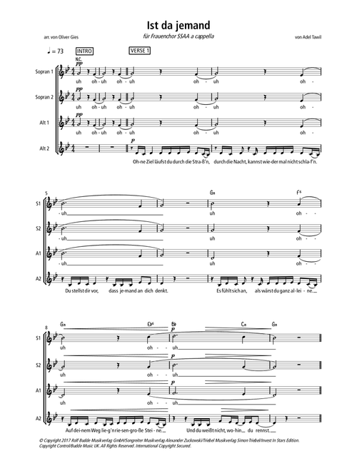 Ist Da Jemand (Arr. Oliver Gies) - Adel Tawil (Choral, SSAA)